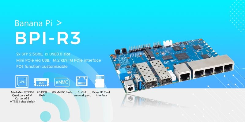 Banana Pi R3, with 2 SFP cages and 5 Ethernet ports
